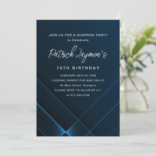 70e Verjaardag Surprise Party Donkerblauw Geometri Kaart (Staand voorkant)