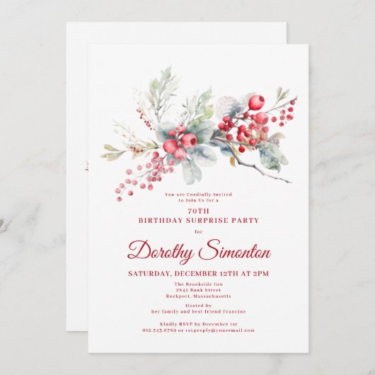 70e verjaardag Surprise Party Greenery Red Berry Kaart (Voorkant / Achterkant)