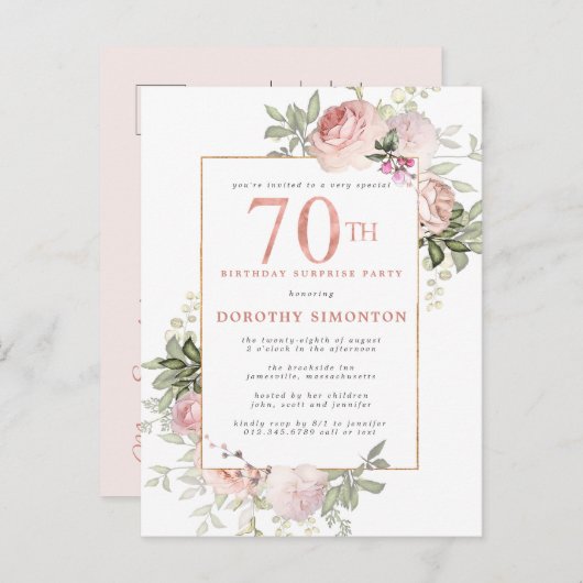 70e Verjaardag Surprise Party Roze Rose Bloemen Uitnodiging Briefkaart (Voorkant / Achterkant)