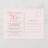 70e Verjaardag Surprise Party Roze Rose Bloemen Uitnodiging Briefkaart (Achterkant)