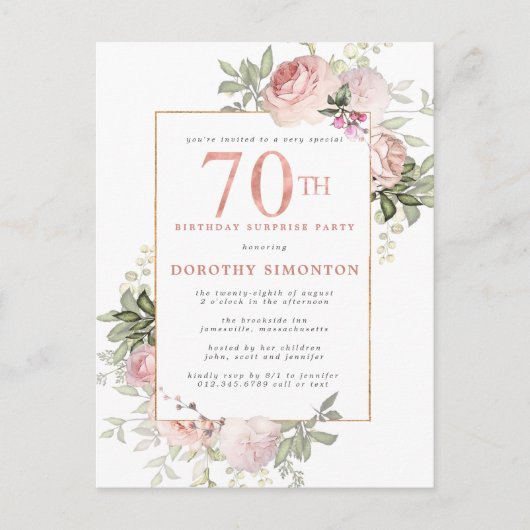 70e Verjaardag Surprise Party Roze Rose Bloemen Uitnodiging Briefkaart (Voorkant)