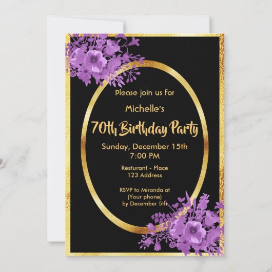 70e verjaardag theepartij uitnodiging goud zwart g (Achterkant)