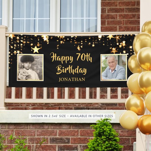 70e verjaardag toen & nu foto's zwart gouden sterr spandoek