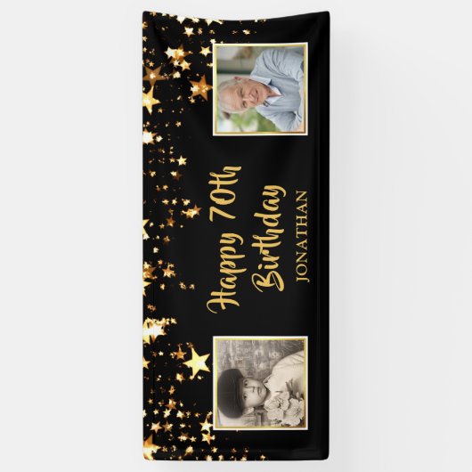 70e verjaardag toen & nu foto's zwart gouden sterr spandoek (Verticaal)