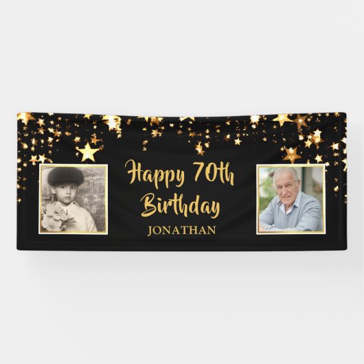 70e verjaardag toen & nu foto's zwart gouden sterr spandoek (Horizontaal)