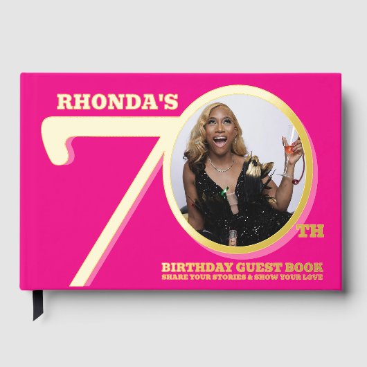 70e verjaardag twee foto's hot roze goud gastenboek (Voorkant)