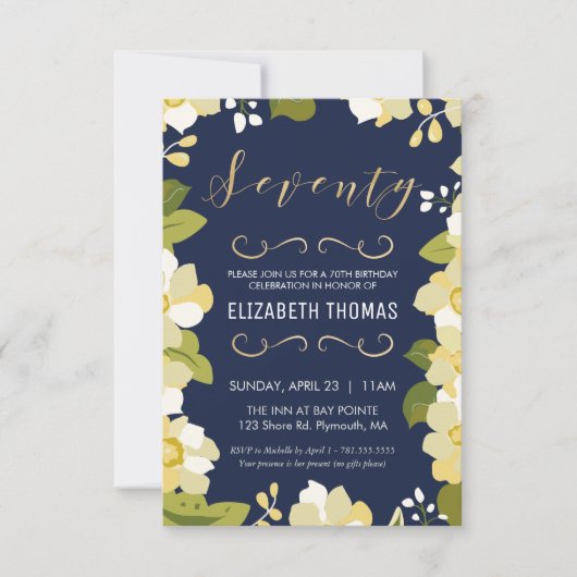 70e verjaardag Uitnodiging, Aanpassing Floral met Kaart (Voorkant)