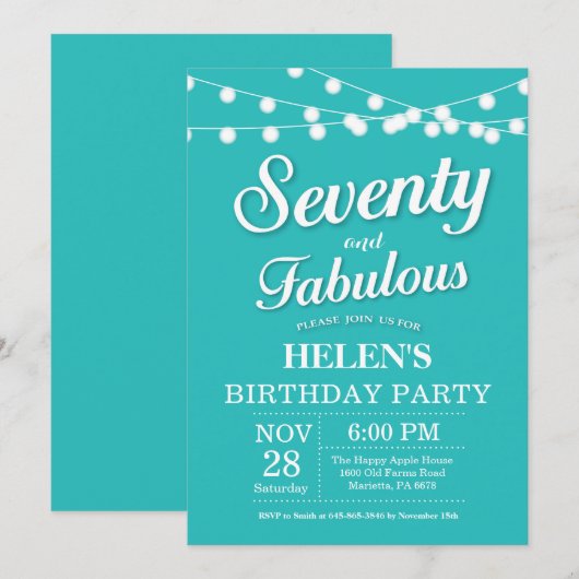 70e verjaardag Uitnodiging Aqua Turquoise Fabulous (Voorkant / Achterkant)