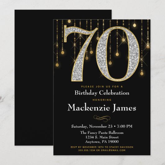 70e verjaardag Uitnodiging Black Gold Diamonds Adu (Voorkant / Achterkant)
