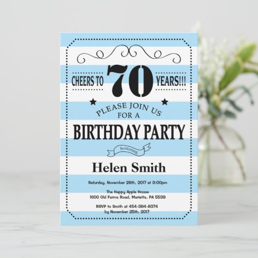 70e verjaardag uitnodiging Blauw en witte strepen (Staand voorkant)