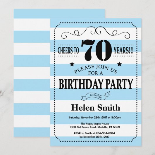 70e verjaardag uitnodiging Blauw en witte strepen (Voorkant / Achterkant)