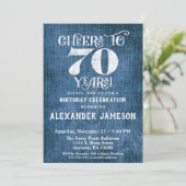70e verjaardag Uitnodiging Blauwe linen Rustic Che (Staand voorkant)