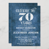70e verjaardag Uitnodiging Blauwe linen Rustic Che (Voorkant / Achterkant)
