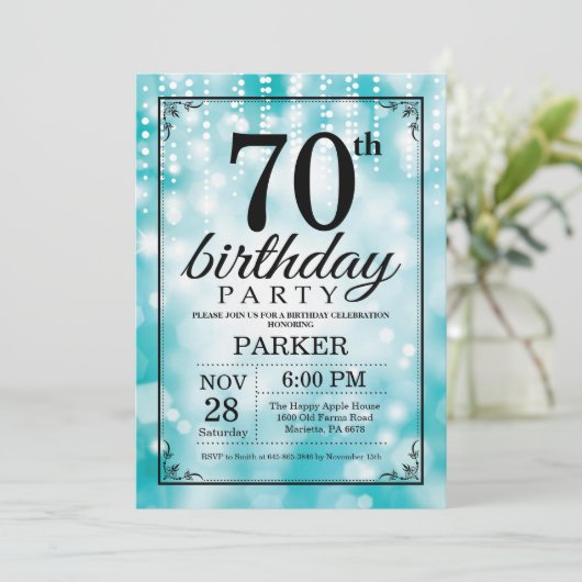 70e verjaardag Uitnodiging Blauwgroen Glitter (Staand voorkant)