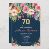 70e verjaardag uitnodiging Bloemen waterverf Navy (Voorkant / Achterkant)