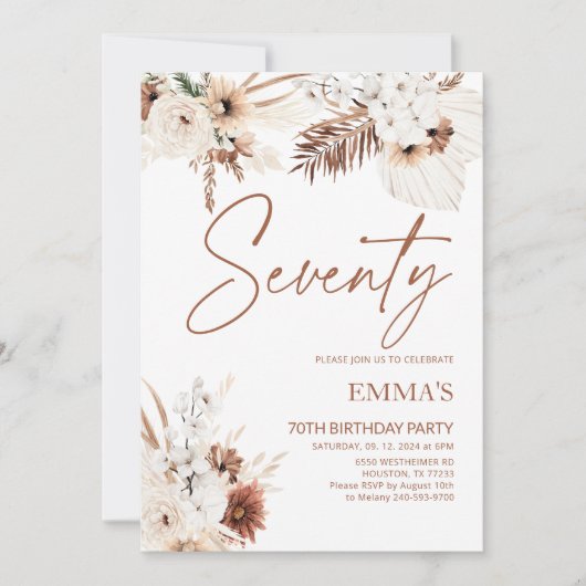 70e verjaardag uitnodiging Boho Pampas (Voorkant)
