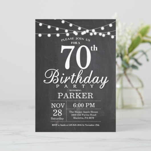 70e verjaardag Uitnodiging Chalkboard String Light (Staand voorkant)
