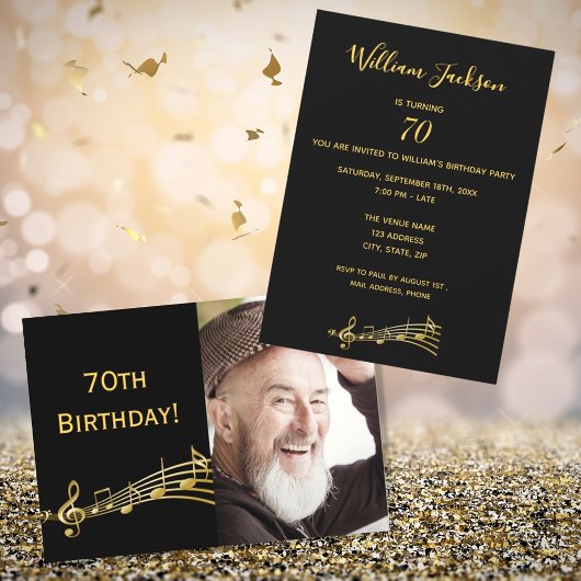 70e verjaardag uitnodiging foto zwart voor jongens