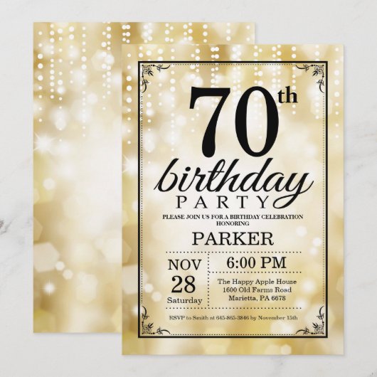 70e verjaardag uitnodiging Gold Glitter (Voorkant / Achterkant)