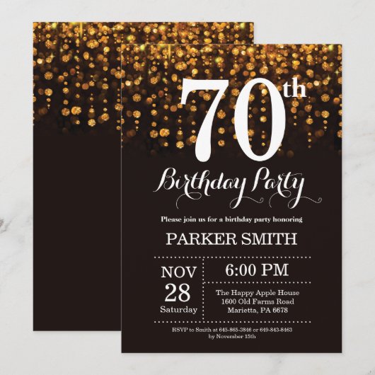 70e verjaardag uitnodiging Gold Glitter (Voorkant / Achterkant)