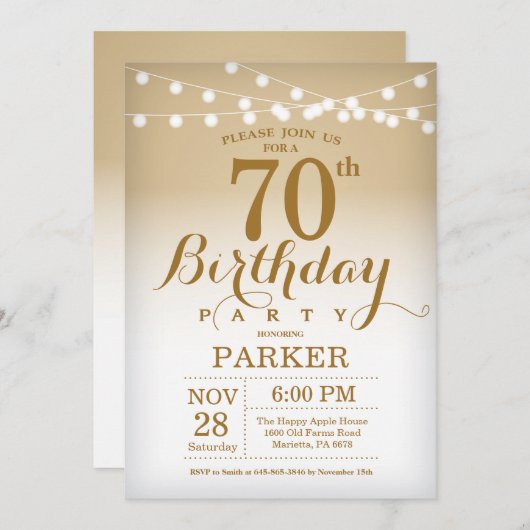 70e verjaardag uitnodiging Gold String Lights (Voorkant / Achterkant)