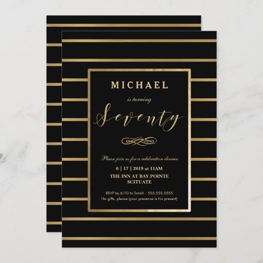 70e verjaardag uitnodiging - Goud, Elegant Manneli (Voorkant / Achterkant)
