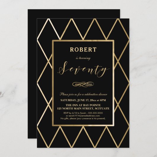 70e verjaardag Uitnodiging - Goud, Elegant, Trendy (Voorkant / Achterkant)