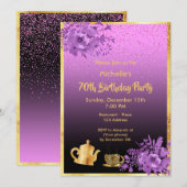 70e verjaardag uitnodiging gouden zwarte paars (Voorkant / Achterkant)