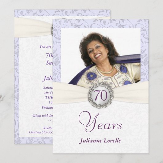 70e verjaardag Uitnodiging Lavender Damask (Voorkant / Achterkant)