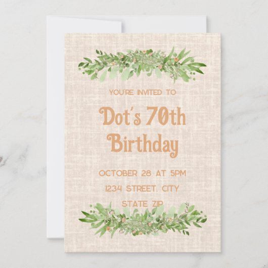 70e verjaardag uitnodiging – linnen groen zeventig (Voorkant)