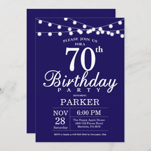 70e verjaardag uitnodiging marine blauw (Voorkant / Achterkant)