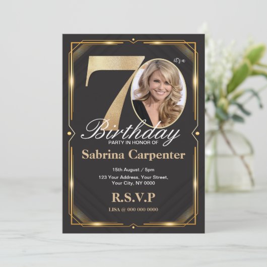 70e verjaardag uitnodiging met foto (Staand voorkant)
