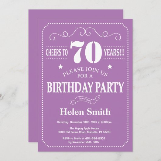 70e verjaardag uitnodiging Paars en wit (Voorkant / Achterkant)