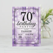 70e verjaardag Uitnodiging Paars Glitter (Staand voorkant)