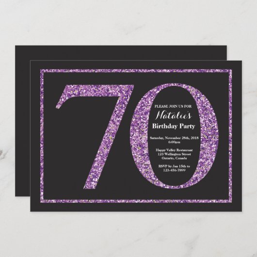 70e verjaardag Uitnodiging Paars Glitter Chalkboar (Voorkant / Achterkant)
