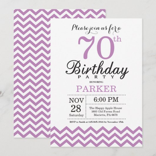 70e verjaardag uitnodiging Paarse Chevron (Voorkant / Achterkant)