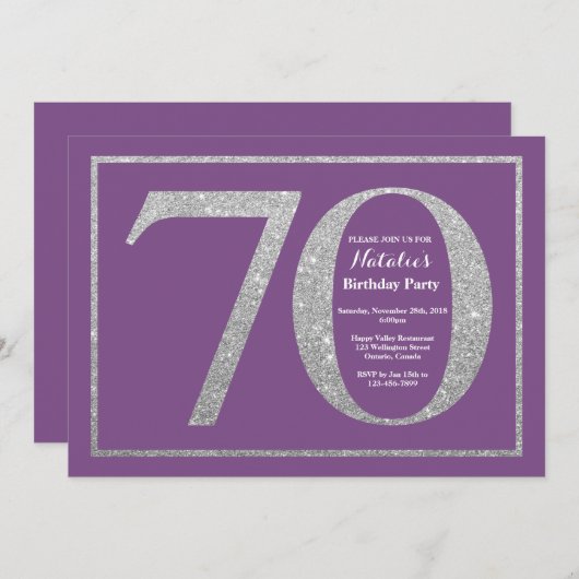 70e verjaardag uitnodiging Paarse en zilveren glit (Voorkant / Achterkant)