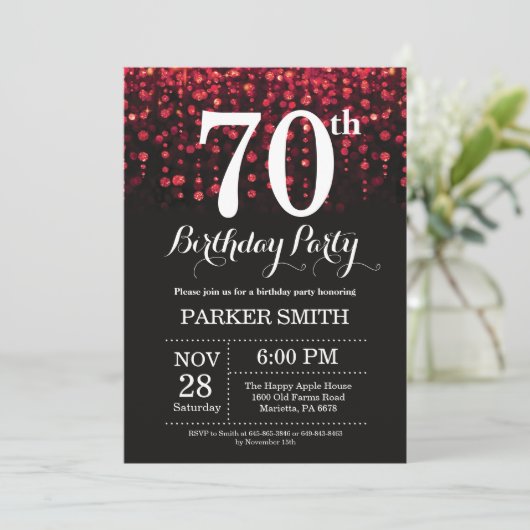 70e verjaardag uitnodiging Red Glitter (Staand voorkant)