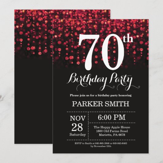 70e verjaardag uitnodiging Red Glitter (Voorkant / Achterkant)