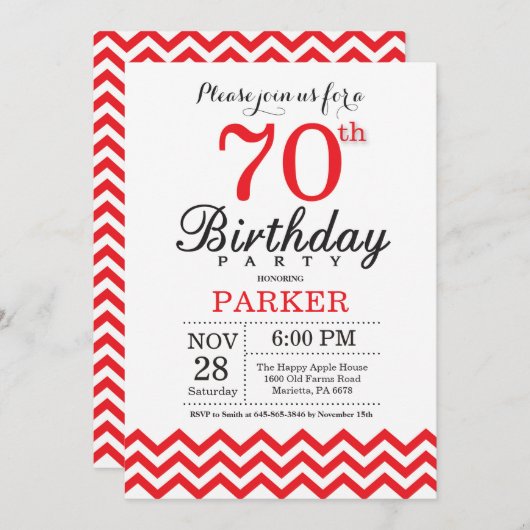 70e verjaardag uitnodiging Rode Chevron (Voorkant / Achterkant)