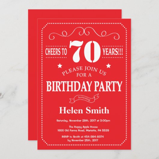 70e verjaardag Uitnodiging rood en wit (Voorkant / Achterkant)