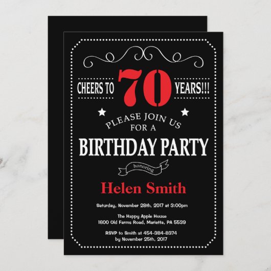 70e verjaardag Uitnodiging rood en zwart karton (Voorkant / Achterkant)