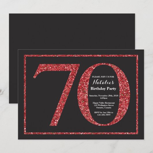 70e verjaardag Uitnodiging rood glitter Chalkboard (Voorkant / Achterkant)