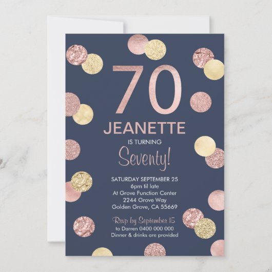 70e verjaardag uitnodiging Roos Gold en Navy (Voorkant)