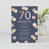 70e verjaardag uitnodiging Roos Gold en Navy (Staand voorkant)