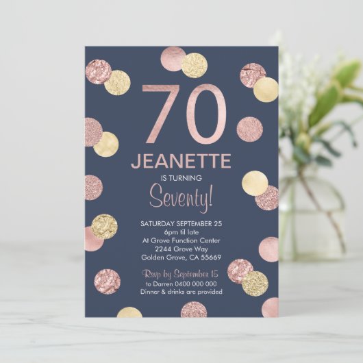 70e verjaardag uitnodiging Roos Gold en Navy (Staand voorkant)