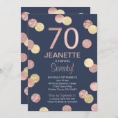 70e verjaardag uitnodiging Roos Gold en Navy (Voorkant / Achterkant)