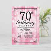 70e verjaardag uitnodiging roze glitter (Staand voorkant)