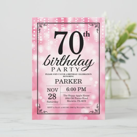 70e verjaardag uitnodiging roze glitter (Staand voorkant)
