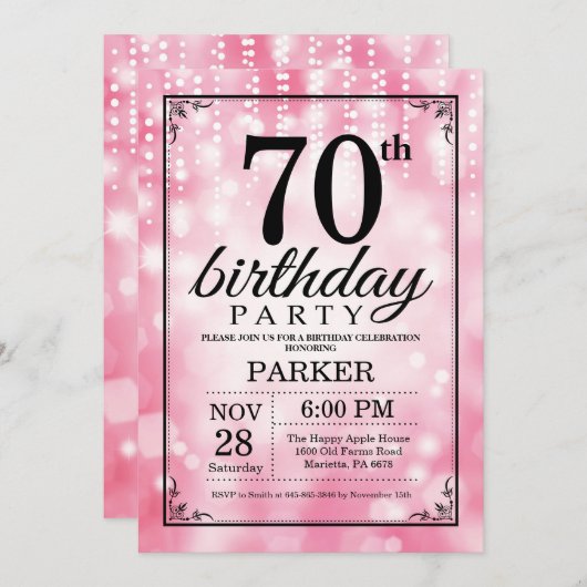 70e verjaardag uitnodiging roze glitter (Voorkant / Achterkant)